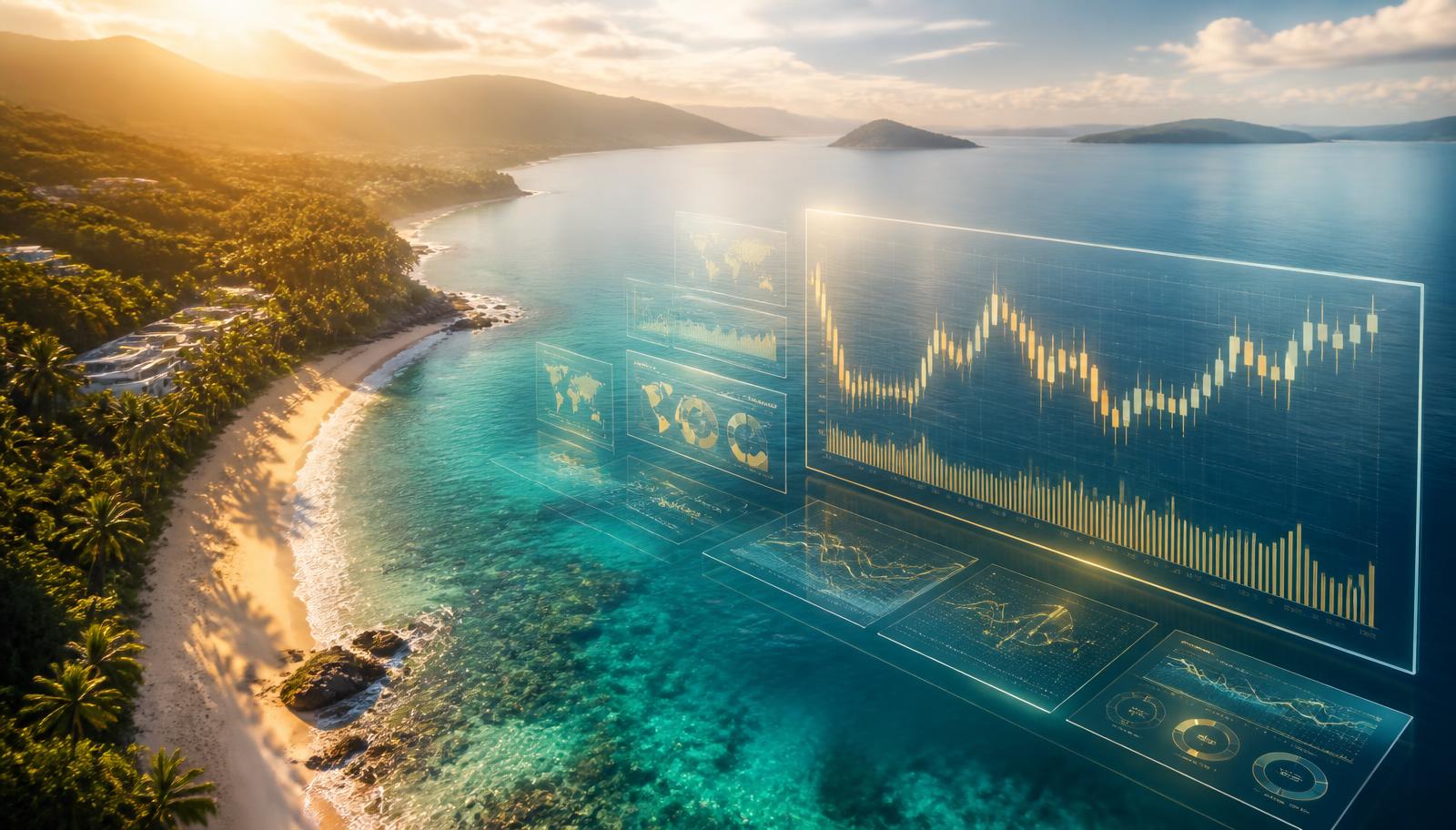 Illustration eines Recherche-Schreibtischs an der Küste mit schwebenden Trading-Dashboards zur Raxon24-Plattformrecherche